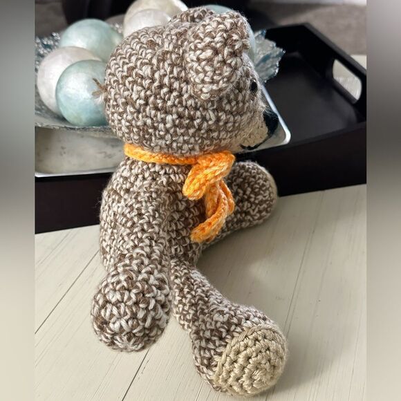 Handmade Crochet Stuffed Two Tone Brown Teddy Bear Stuffy Toy with Orange Scarf - Picture 7 of 12